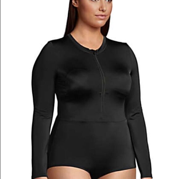 Land’s End Rash guard one piece long sleeve swimsuit 1/4 zip black Various Size - Picture 6 of 11